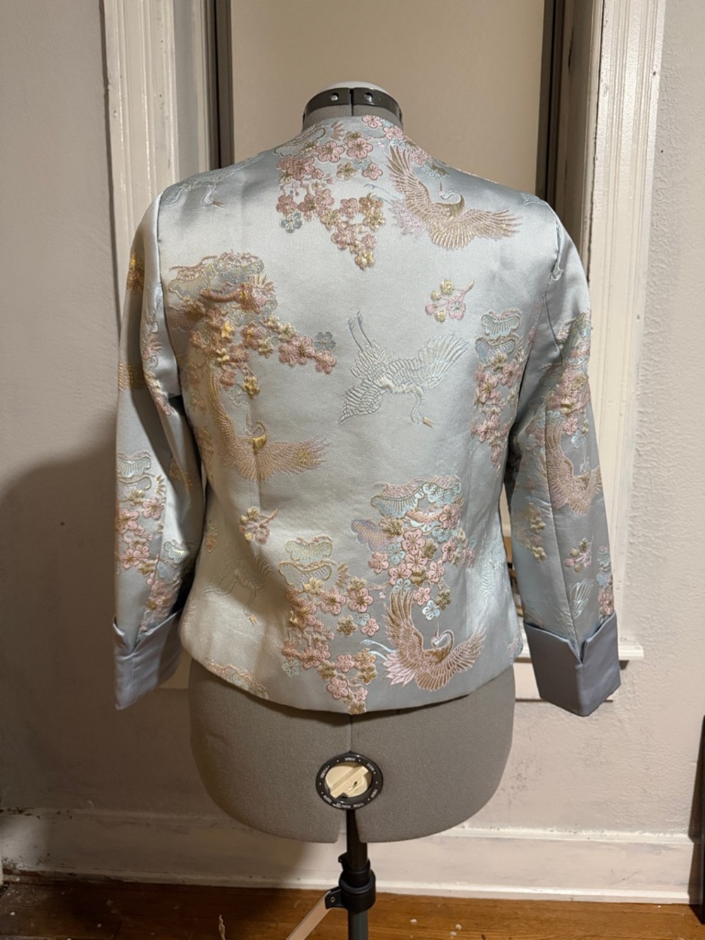 Silk-Blend Pale Blue Embroidered Jacket with Pink Ties - Picture 3 of 4